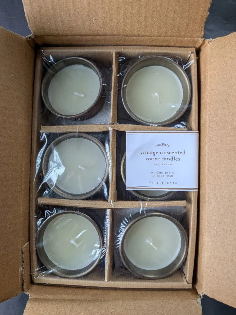 Potterybarn Vintage Unscented Votive Candles Set Of 6 New In Box!